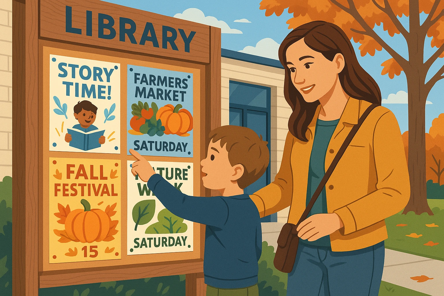 A parent and child reading flyers for story time, a farmers market and a fall festival on a library noticeboard